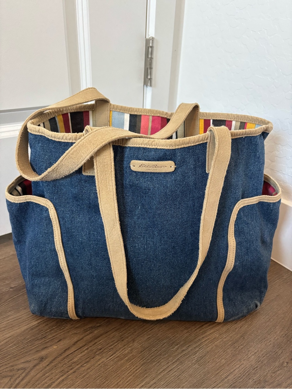 Eddie Bauer Reversible Boho Striped Fabric & Denim 2 Pocket Shoulder Tote Bag